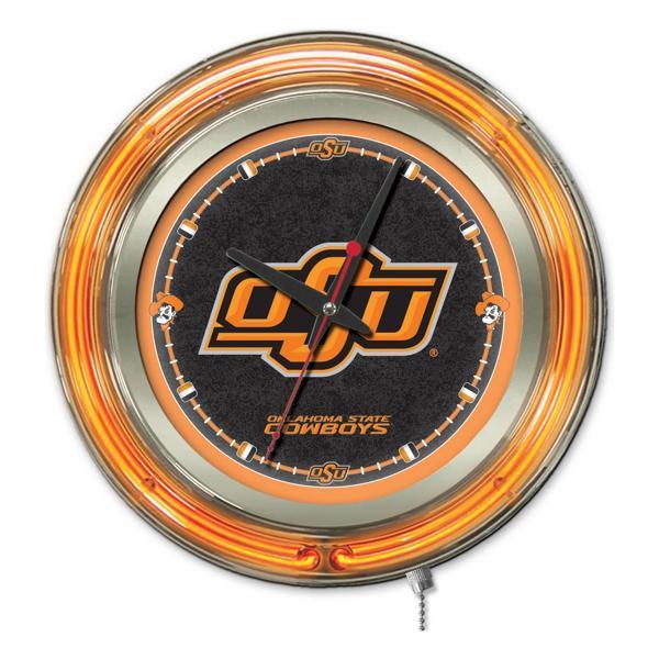 Oklahoma State University 15" Neon Logo Clock - Chrome Casing - Team Color Specific Neon Outer Ring 