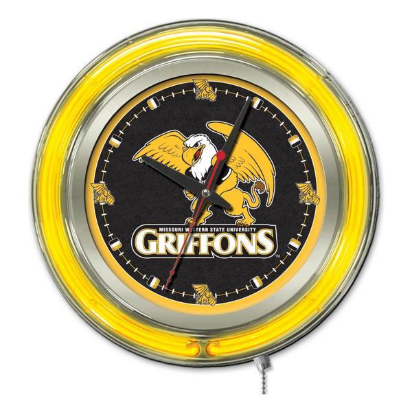 Missouri Western State University 15" Neon Logo Clock - Chrome Casing - Team Color Specific Neon Outer Ring 