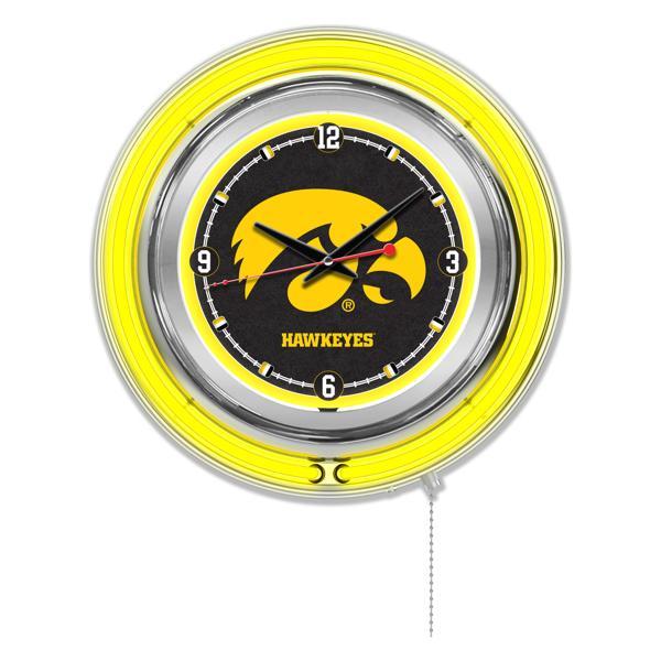 University of Iowa 15" Neon Logo Clock - Chrome Casing - Team Color Specific Neon Outer Ring 