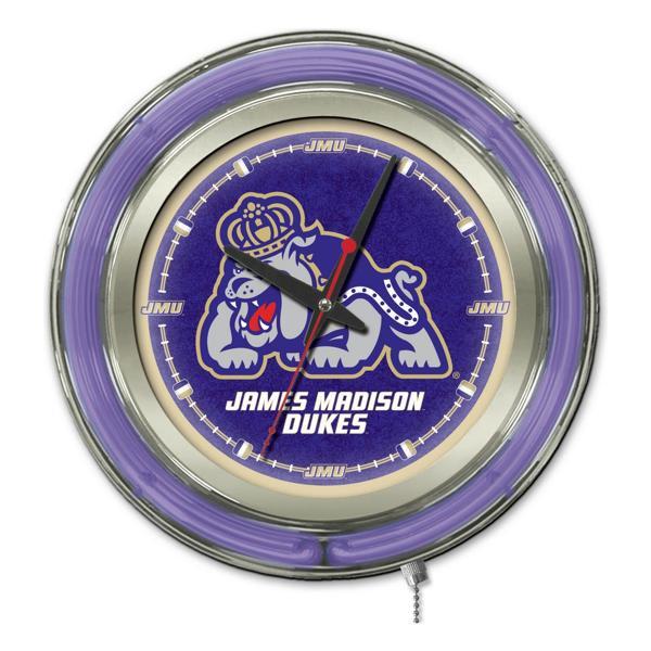 James Madison University 15" Neon Logo Clock - Chrome Casing - Team Color Specific Neon Outer Ring 