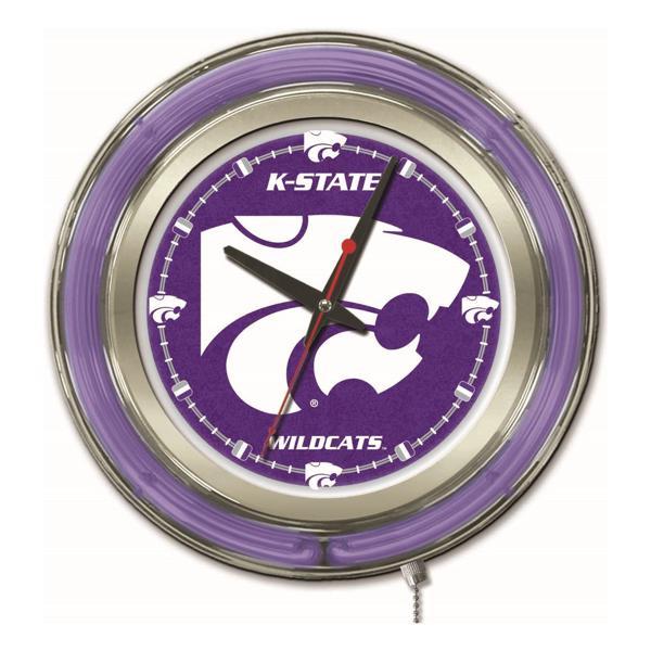 Kansas State University 15" Neon Logo Clock - Chrome Casing - Team Color Specific Neon Outer Ring 
