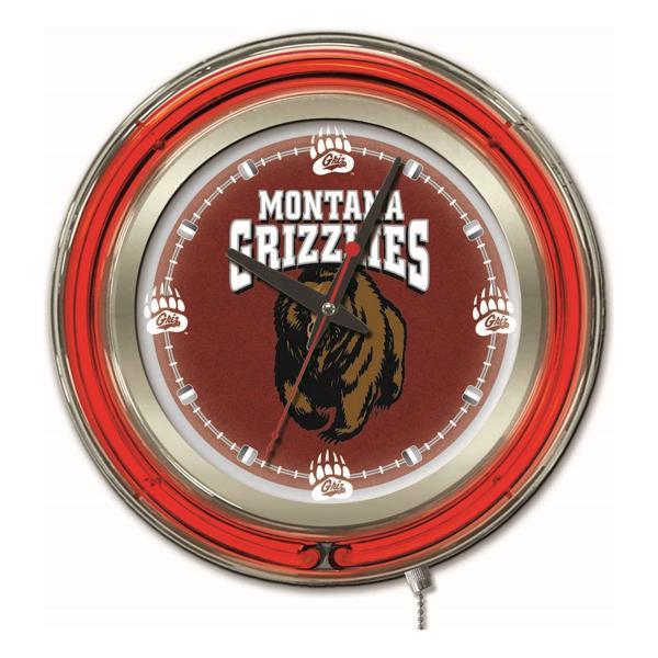 University of Montana 15" Neon Logo Clock - Chrome Casing - Team Color Specific Neon Outer Ring 
