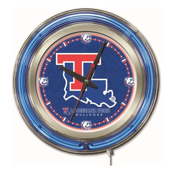 Louisiana Tech University 15" Neon Logo Clock - Chrome Casing - Team Color Specific Neon Outer Ring 