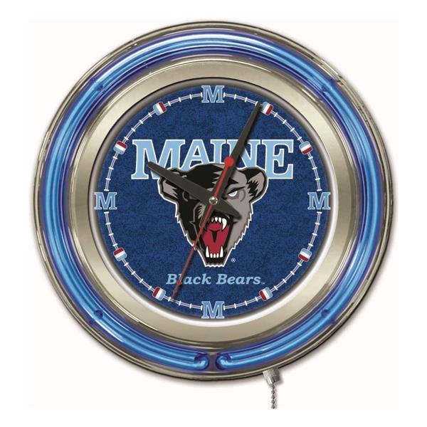 University of Maine 15" Neon Logo Clock - Chrome Casing - Team Color Specific Neon Outer Ring 