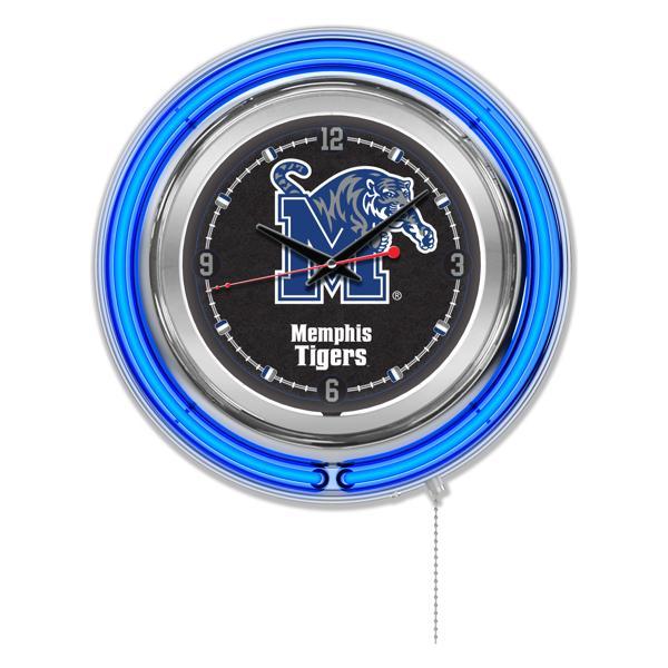 University of Memphis 15" Neon Logo Clock - Chrome Casing - Team Color Specific Neon Outer Ring 