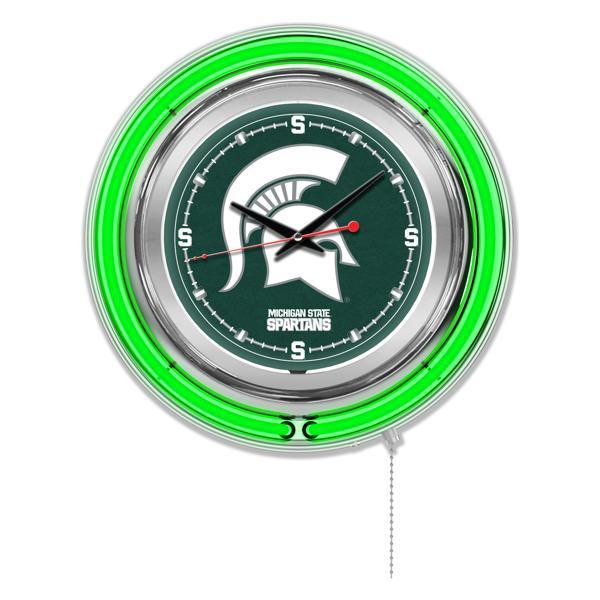 Michigan State University 15" Neon Logo Clock - Chrome Casing - Team Color Specific Neon Outer Ring 
