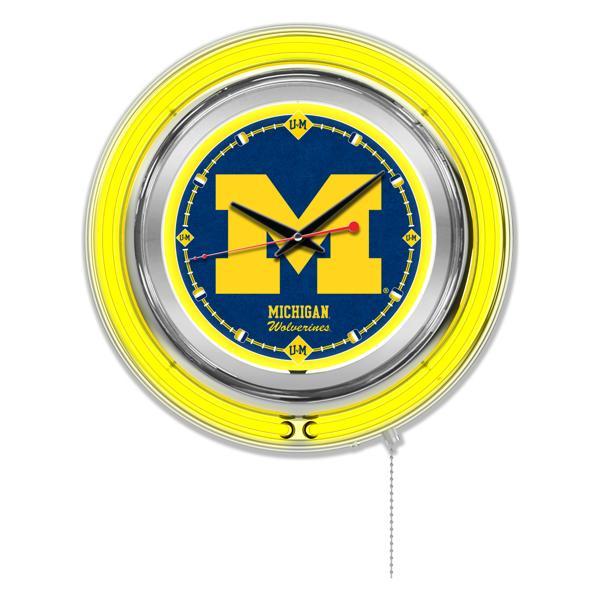 University of Michigan 15" Neon Logo Clock - Chrome Casing - Team Color Specific Neon Outer Ring 