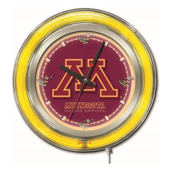 University of Minnesota 15" Neon Logo Clock - Chrome Casing - Team Color Specific Neon Outer Ring 