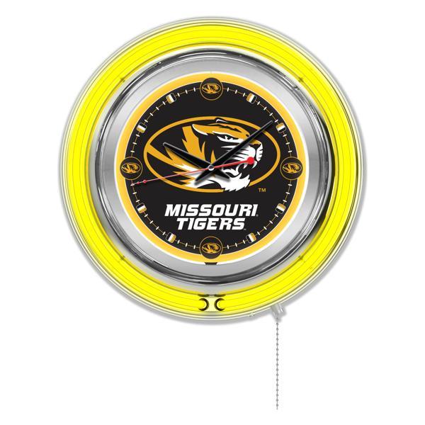 University of Missouri 15" Neon Logo Clock - Chrome Casing - Team Color Specific Neon Outer Ring 