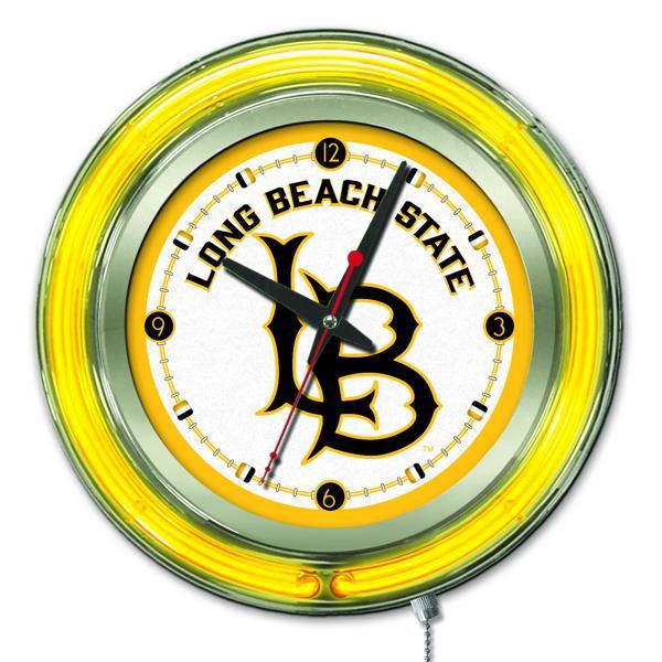 Long Beach State University 15" Neon Logo Clock - Chrome Casing - Team Color Specific Neon Outer Ring 