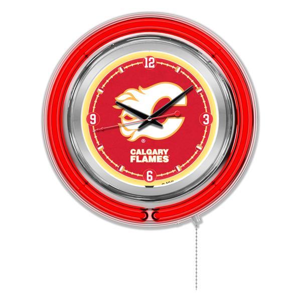Calgary Flames 15" Neon Logo Clock - Chrome Casing - Team Color Specific Neon Outer Ring 