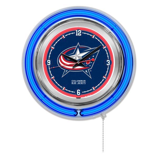 Columbus Blue Jackets 15" Neon Logo Clock - Chrome Casing - Team Color Specific Neon Outer Ring 