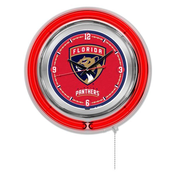 Florida Panthers 15" Neon Logo Clock - Chrome Casing - Team Color Specific Neon Outer Ring 