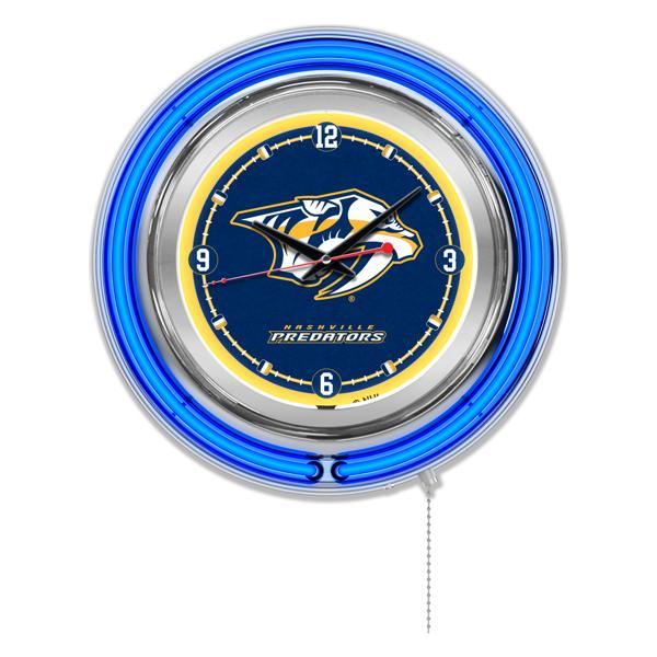 Nashville Predators 15" Neon Logo Clock - Chrome Casing - Team Color Specific Neon Outer Ring 