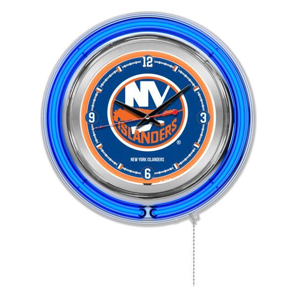 New York Islanders 15" Neon Logo Clock - Chrome Casing - Team Color Specific Neon Outer Ring 