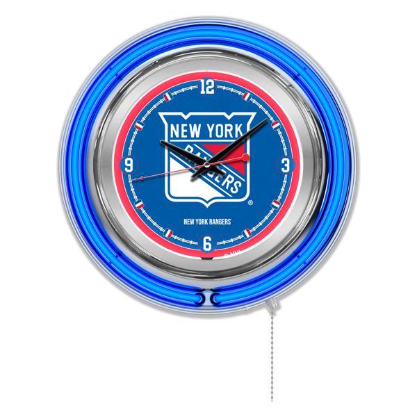 New York Rangers 15" Neon Logo Clock - Chrome Casing - Team Color Specific Neon Outer Ring 