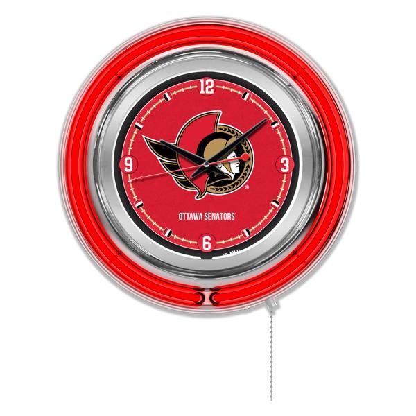 Ottawa Senators 15" Neon Logo Clock - Chrome Casing - Team Color Specific Neon Outer Ring 