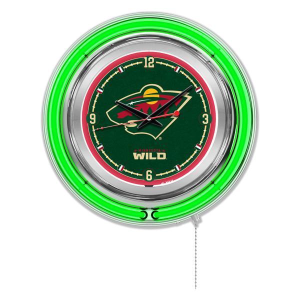 Minnesota Wild 15" Neon Logo Clock - Chrome Casing - Team Color Specific Neon Outer Ring 