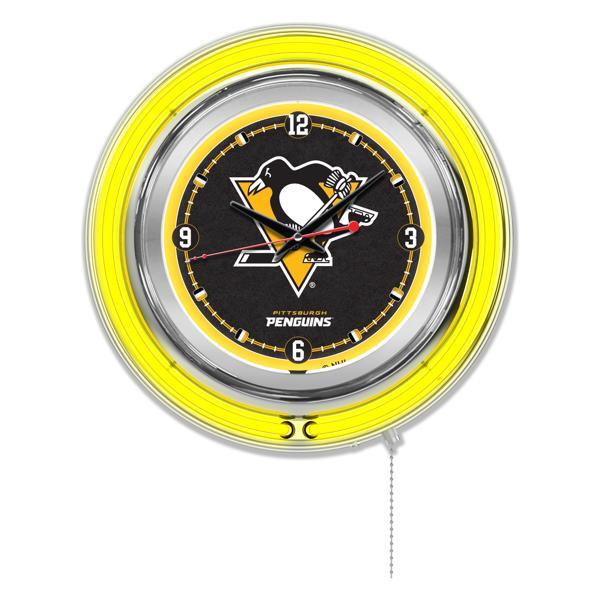 Pittsburgh Penguins 15" Neon Logo Clock - Chrome Casing - Team Color Specific Neon Outer Ring 