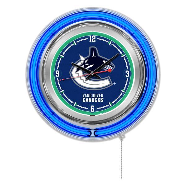 Vancouver Canucks 15" Neon Logo Clock - Chrome Casing - Team Color Specific Neon Outer Ring 