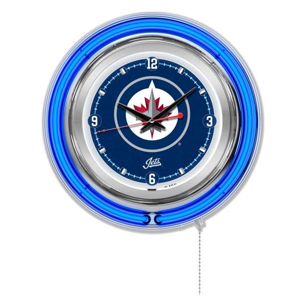 Winnipeg Jets 15" Neon Logo Clock - Chrome Casing - Team Color Specific Neon Outer Ring 