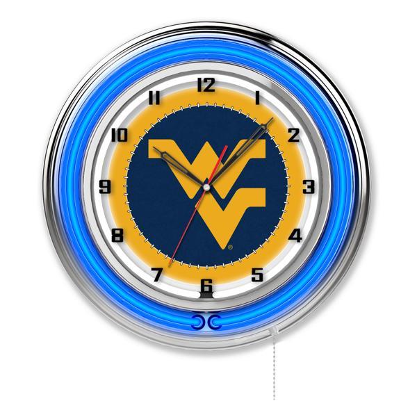 West Virginia University 19" Neon Logo Wall Clock - Chrome Casing - Team Color Specific Neon Outer Ring 