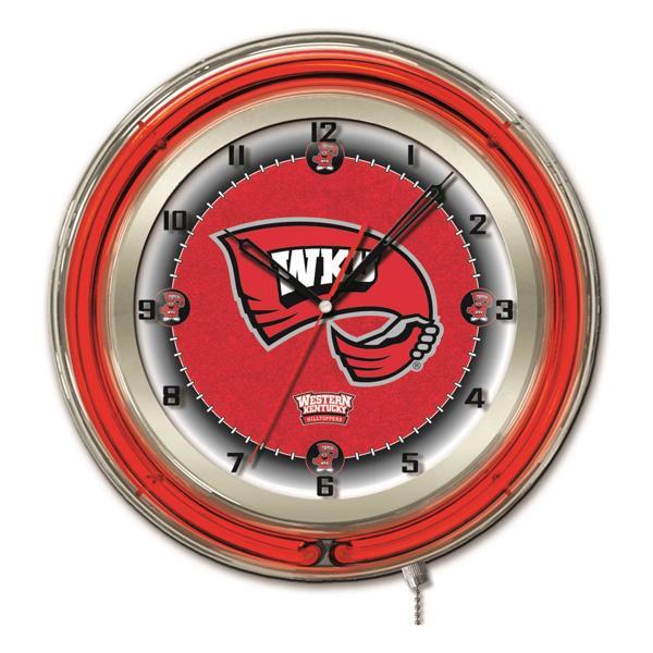 Western Kentucky University 19" Neon Logo Wall Clock - Chrome Casing - Team Color Specific Neon Outer Ring 