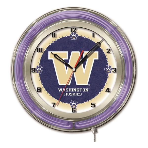 University of Washington 19" Neon Logo Wall Clock - Chrome Casing - Team Color Specific Neon Outer Ring 