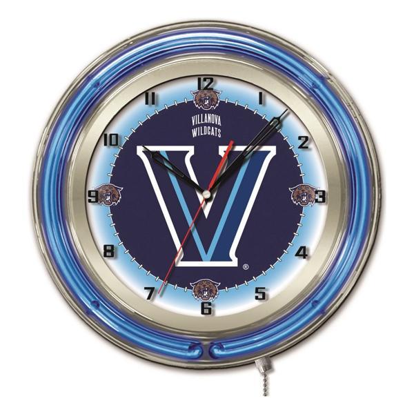 Villanova University 19" Neon Logo Wall Clock - Chrome Casing - Team Color Specific Neon Outer Ring 