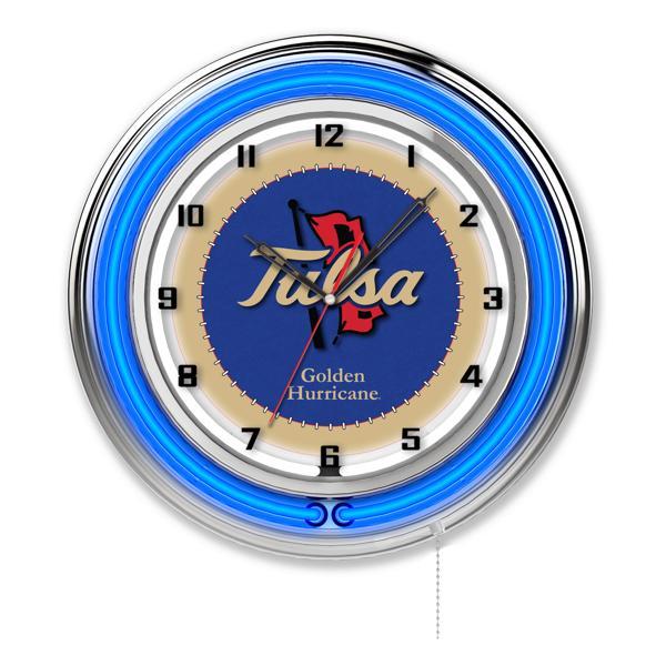 University of Tulsa 19" Neon Logo Wall Clock - Chrome Casing - Team Color Specific Neon Outer Ring 