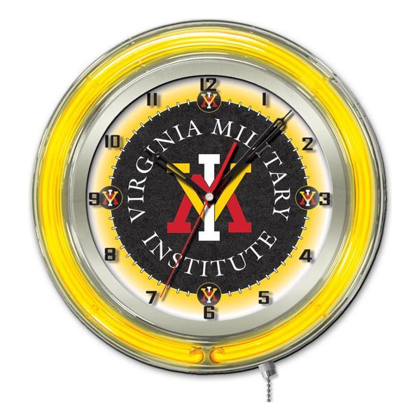 Virginia Military Institute 19" Neon Logo Wall Clock - Chrome Casing - Team Color Specific Neon Outer Ring 