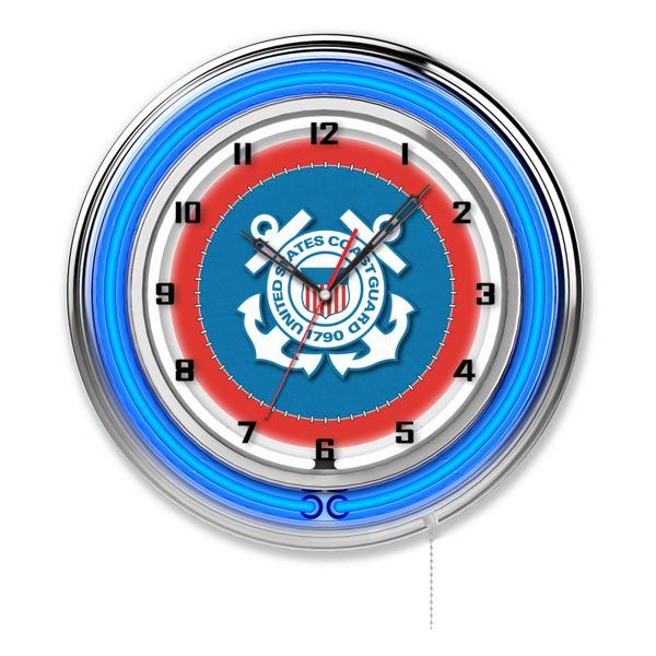 United States Coast Guard 19" Neon Logo Wall Clock - Chrome Casing - Team Color Specific Neon Outer Ring 