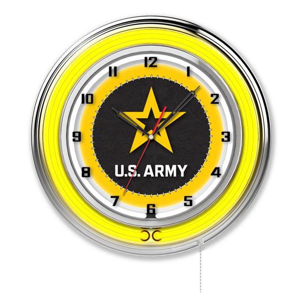 United States Army 19" Neon Logo Wall Clock - Chrome Casing - Team Color Specific Neon Outer Ring 