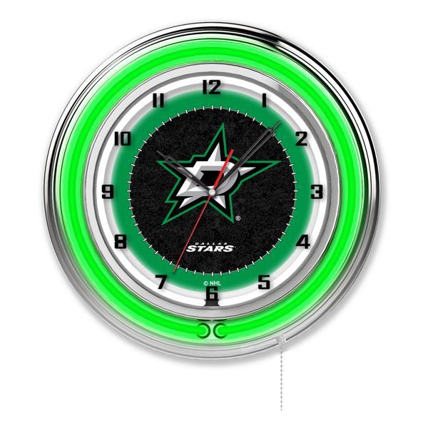 Dallas Stars 19" Neon Logo Wall Clock - Chrome Casing - Team Color Specific Neon Outer Ring 