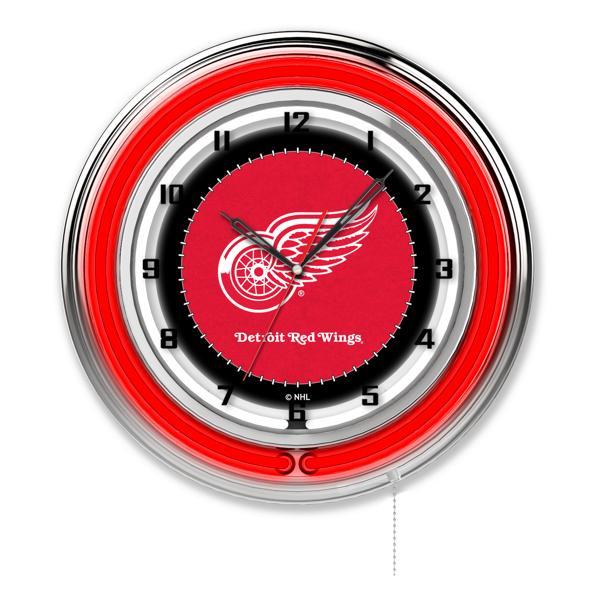Detroit Red Wings 19" Neon Logo Wall Clock - Chrome Casing - Team Color Specific Neon Outer Ring 