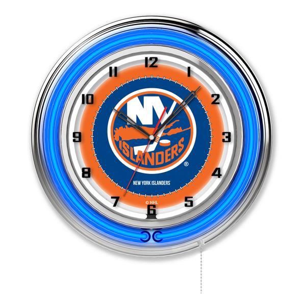 New York Islanders 19" Neon Logo Wall Clock - Chrome Casing - Team Color Specific Neon Outer Ring 