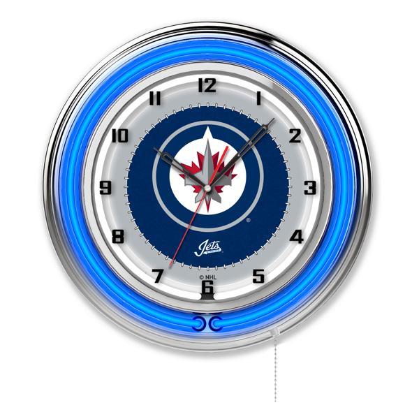 Winnipeg Jets 19" Neon Logo Wall Clock - Chrome Casing - Team Color Specific Neon Outer Ring 