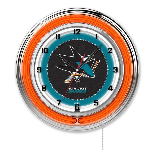 San Jose Sharks 19" Neon Logo Wall Clock - Chrome Casing - Team Color Specific Neon Outer Ring 