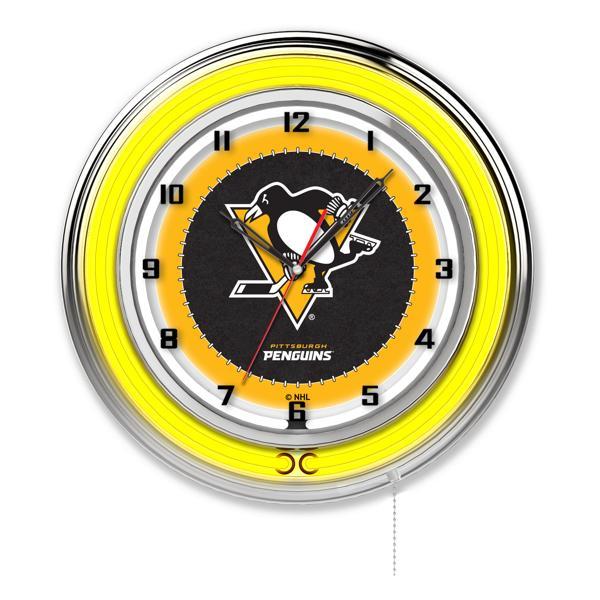 Pittsburgh Penguins 19" Neon Logo Wall Clock - Chrome Casing - Team Color Specific Neon Outer Ring 