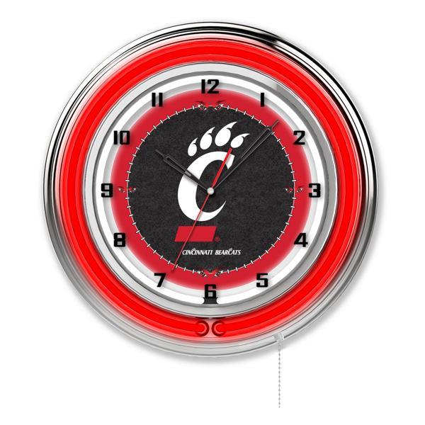 University of Cincinnati 19" Neon Logo Wall Clock - Chrome Casing - Team Color Specific Neon Outer Ring 