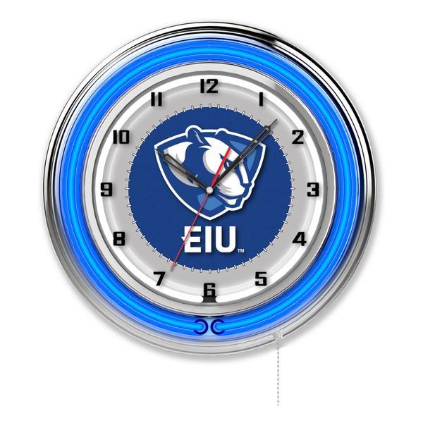 Eastern Illinois University 19" Neon Logo Wall Clock - Chrome Casing - Team Color Specific Neon Outer Ring 