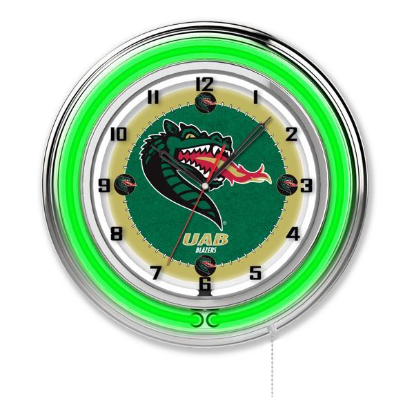 University of Alabama at Birmingham 19" Neon Logo Wall Clock - Chrome Casing - Team Color Specific Neon Outer Ring 