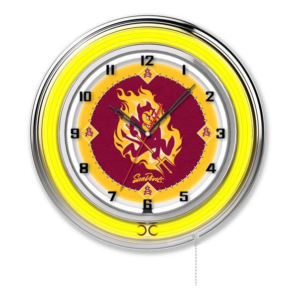 Arizona State University Sparky 19" Neon Logo 2 Wall Clock - Chrome Casing - Team Color Specific Neon Outer Ring 