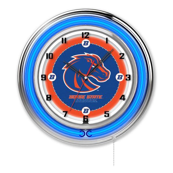 Boise State University 19" Neon Logo Wall Clock - Chrome Casing - Team Color Specific Neon Outer Ring 