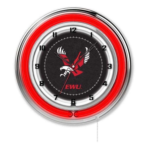 Eastern Washington University 19" Neon Logo Wall Clock - Chrome Casing - Team Color Specific Neon Outer Ring 