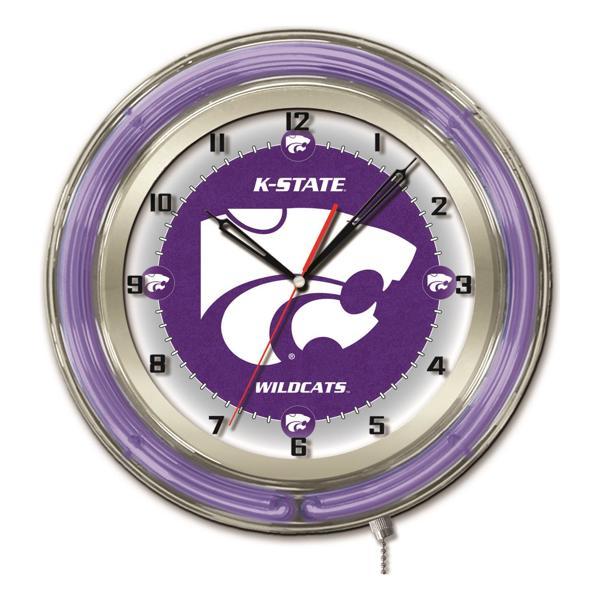 Kansas State University 19" Neon Logo Wall Clock - Chrome Casing - Team Color Specific Neon Outer Ring 