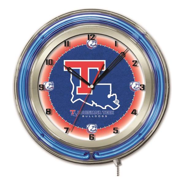 Louisiana Tech University 19" Neon Logo Wall Clock - Chrome Casing - Team Color Specific Neon Outer Ring 