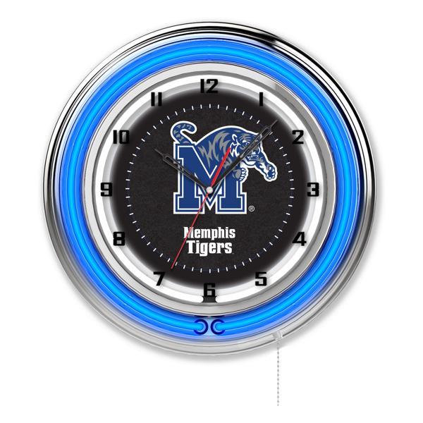 University of Memphis 19" Neon Logo Wall Clock - Chrome Casing - Team Color Specific Neon Outer Ring 