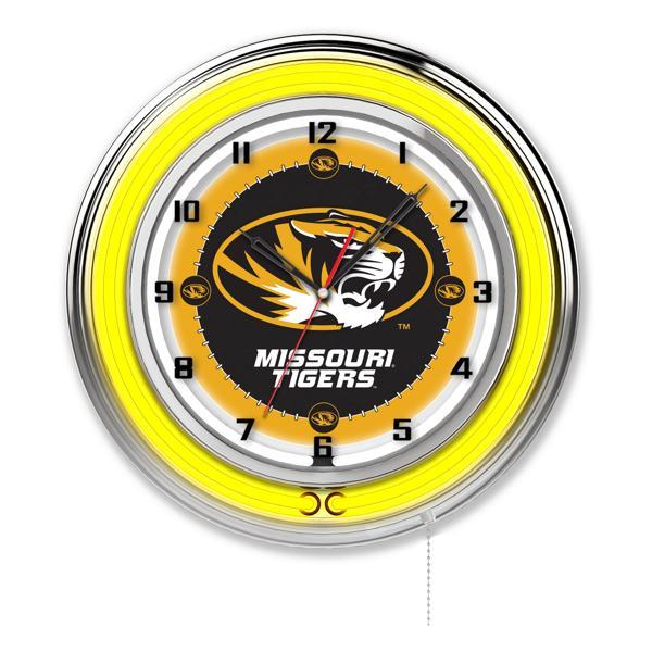 University of Missouri 19" Neon Logo Wall Clock - Chrome Casing - Team Color Specific Neon Outer Ring 
