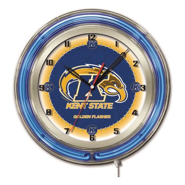 Kent State University 19" Neon Logo Wall Clock - Chrome Casing - Team Color Specific Neon Outer Ring 